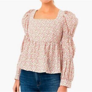 Hyacinth House Tuckernuck Peplum Clemons Blouse Puff Sleeve Floral Small